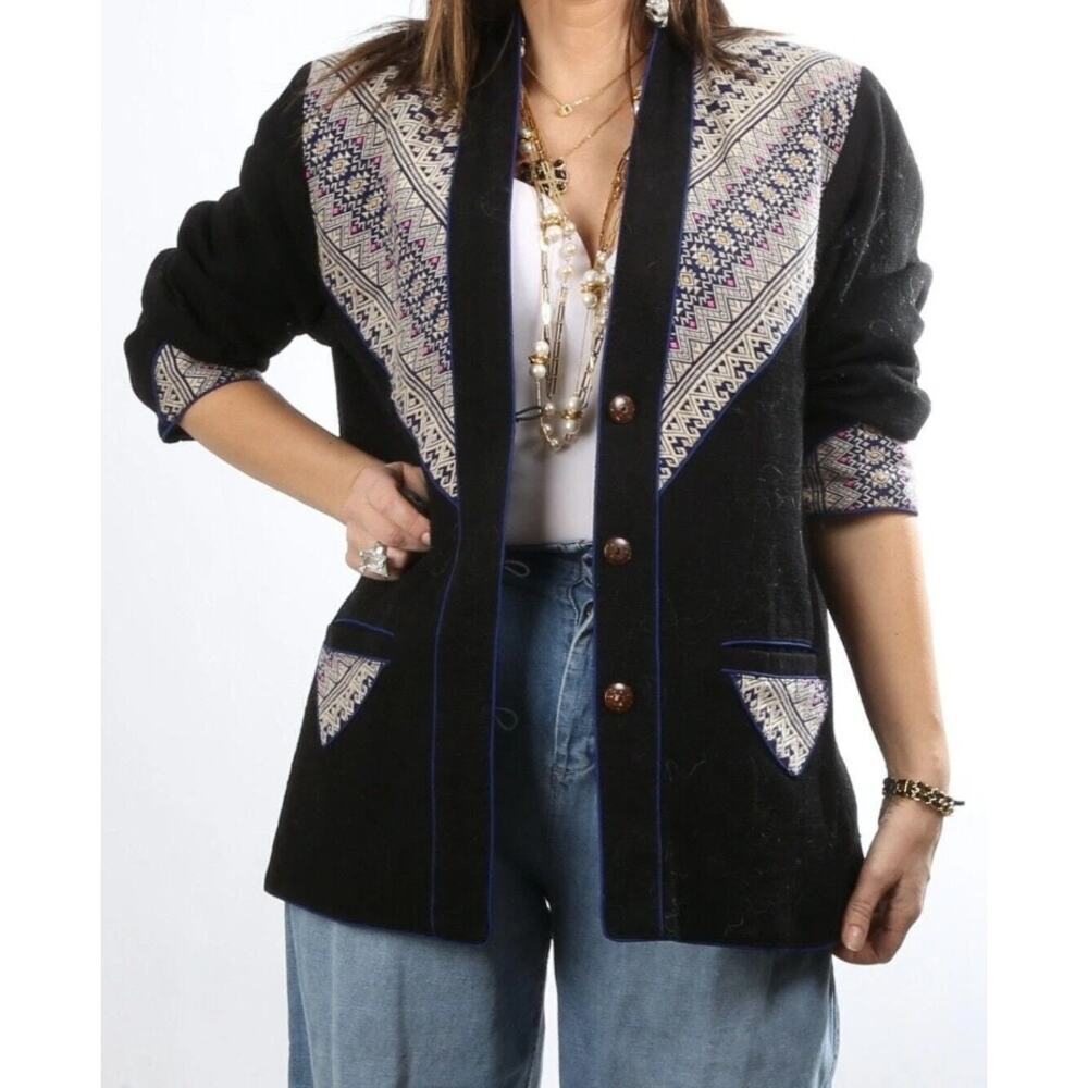 Vintage Bohemian Aztec pattern embroidered jacket/blazer black costume 80s SZ M - Picture 10 of 13